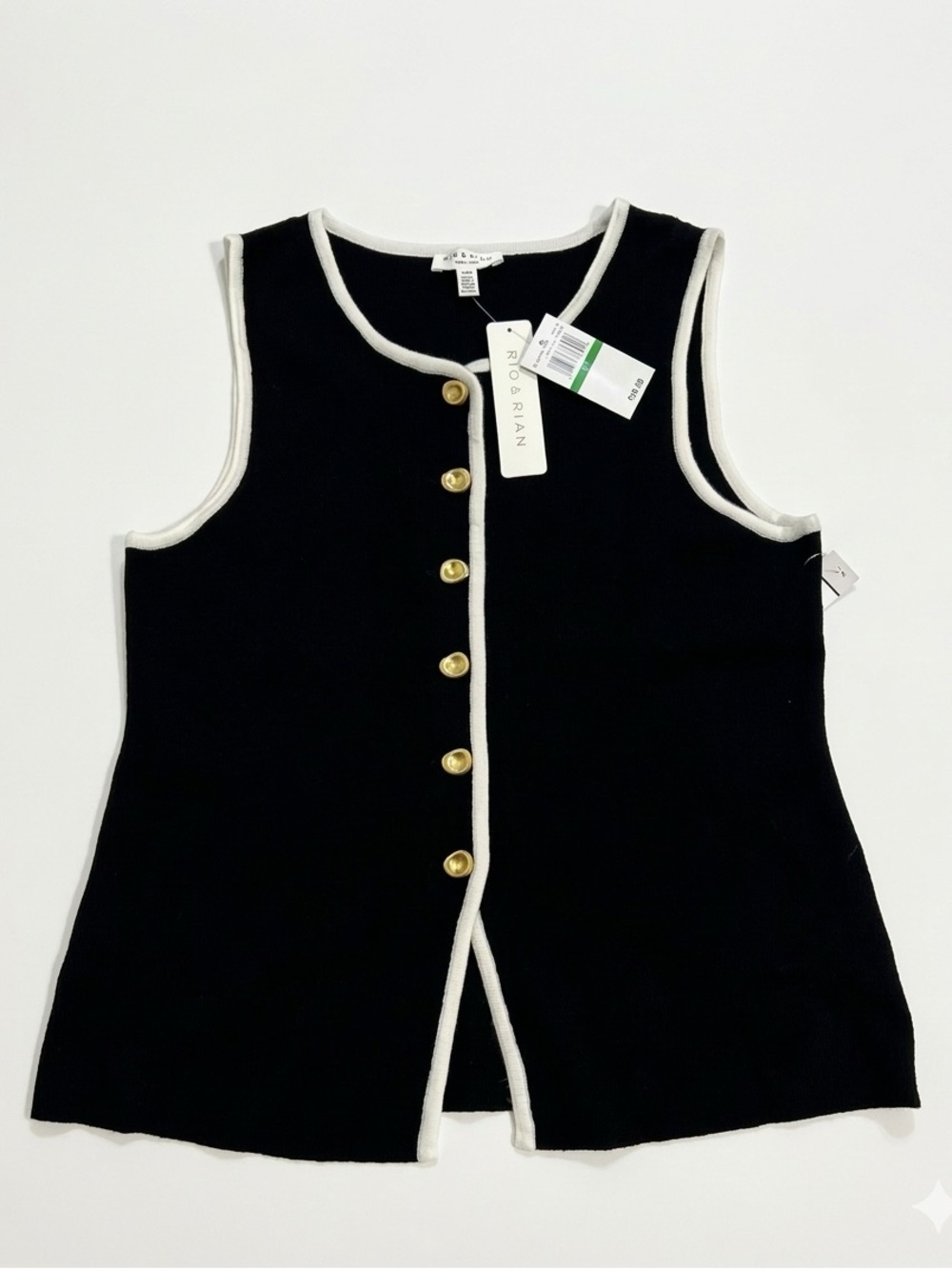 Rio & Rian black knit vest with withe trim and gold buttons